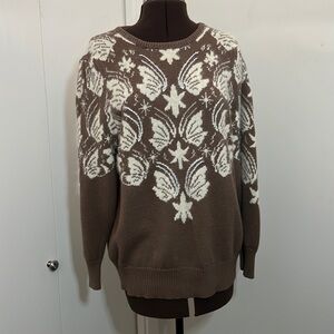 Brown Angel Print Knit Sweater with stars vintage pullover with metallic thread